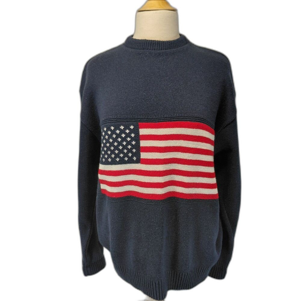 Stars and Stripes Made in the USA LS Navy Blue American Flag Sweater SZ Large